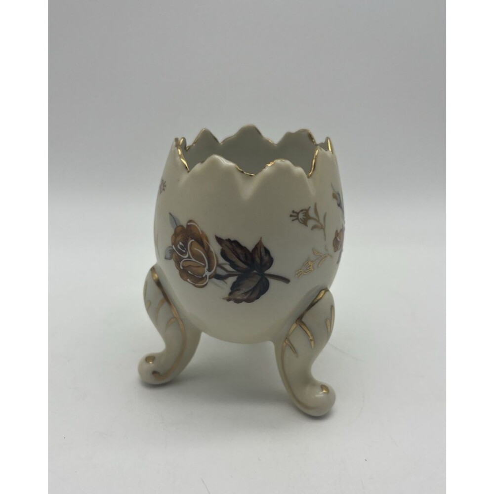 Ceramic Egg-Shaped Figurine Floral Design Three Legs Glossy